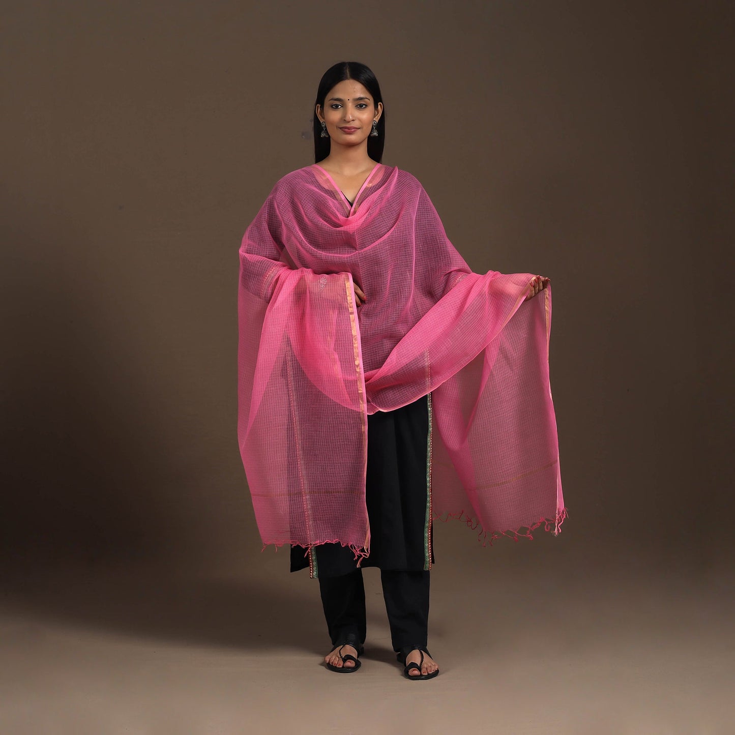Pink Plain Cotton Kota Doria Dupatta