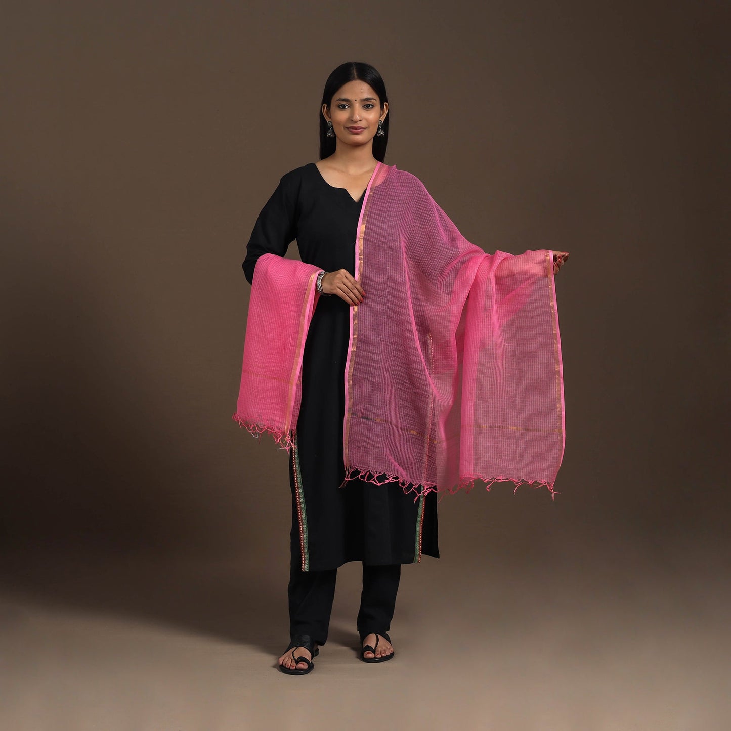 Pink Plain Cotton Kota Doria Dupatta