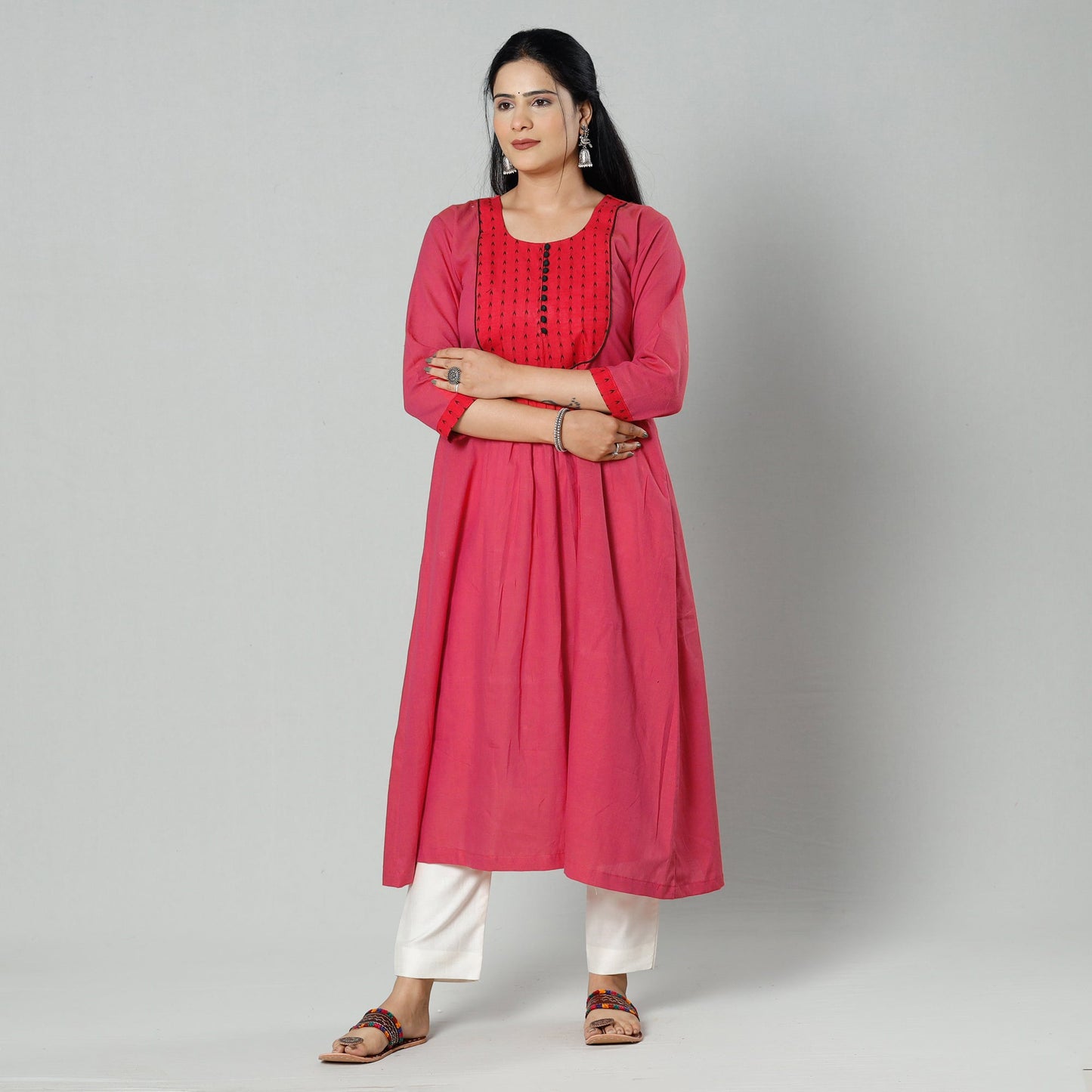 Pink - plain cotton long kurta - handcrafted