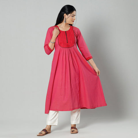 Pink - plain cotton long kurta - handcrafted