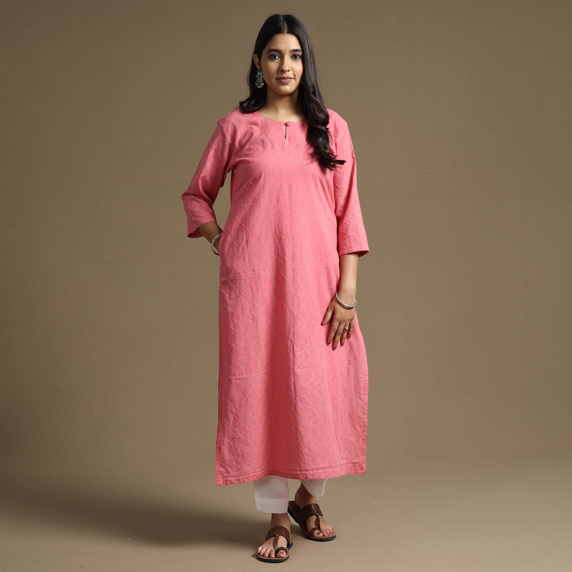 Buy Plain Cotton Tagai Work Long Kurta Online at iTokri.com