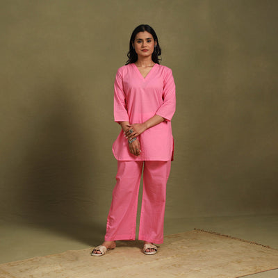 Pink Plain Dyed Cotton Co-Ord Set