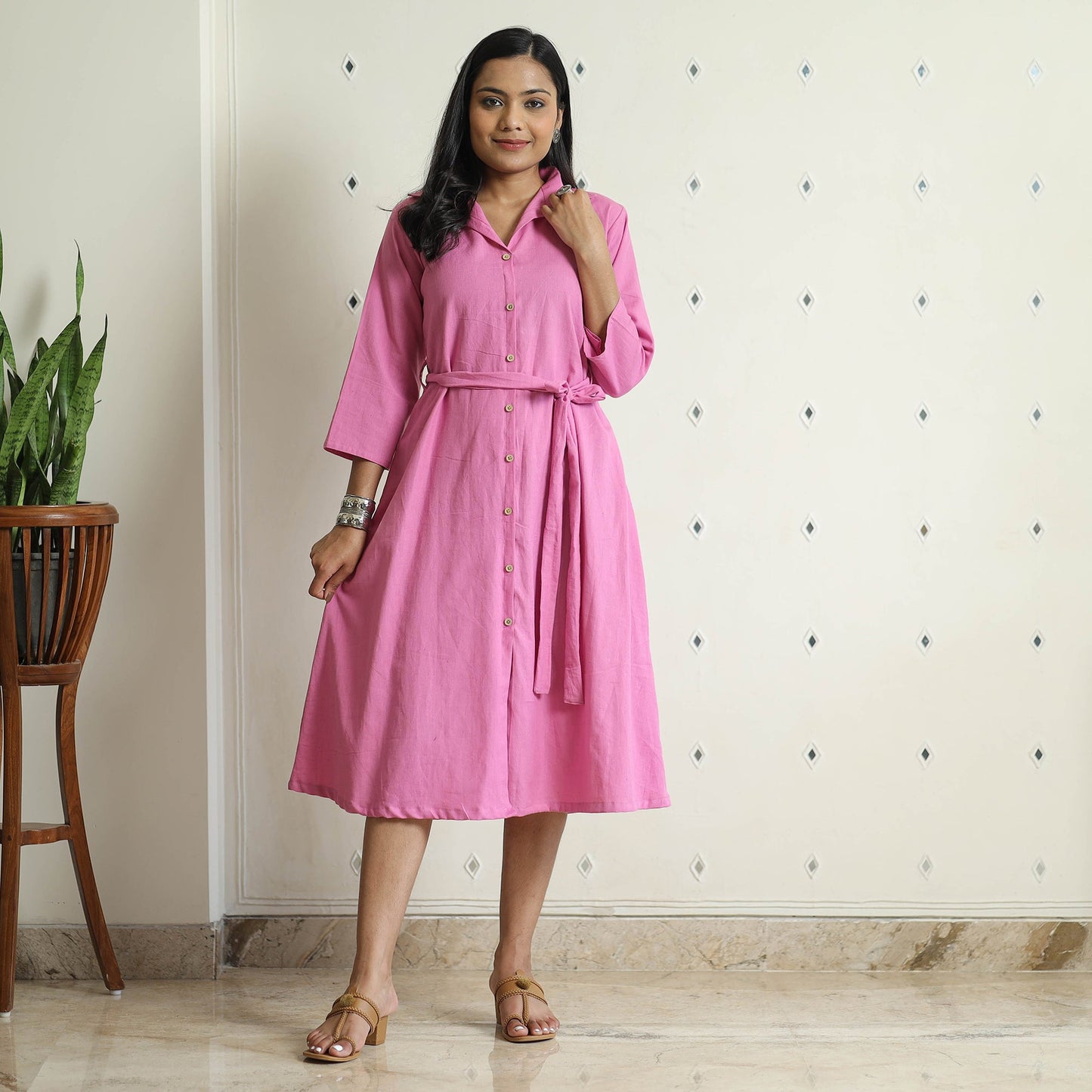  Plain Flex Cotton Collared Neck Buttoned Down Dress 