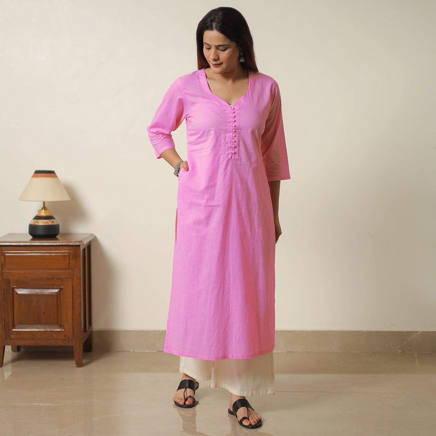  Pink - Plain Flex Cotton A-Line Kurta 04 