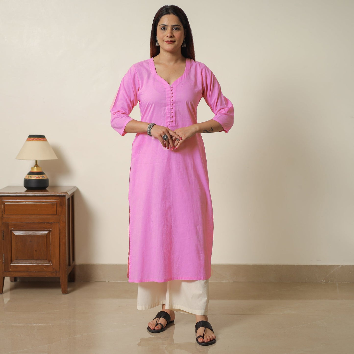  Pink - Plain Flex Cotton A-Line Kurta 04 