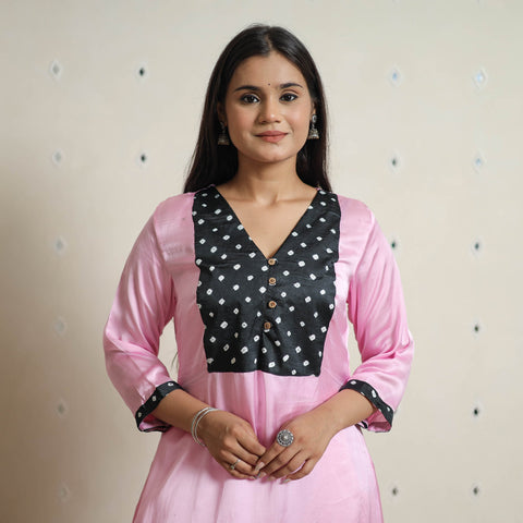 Plain Modal Silk A-Line Kurta with Bandhani Patchwork for Women