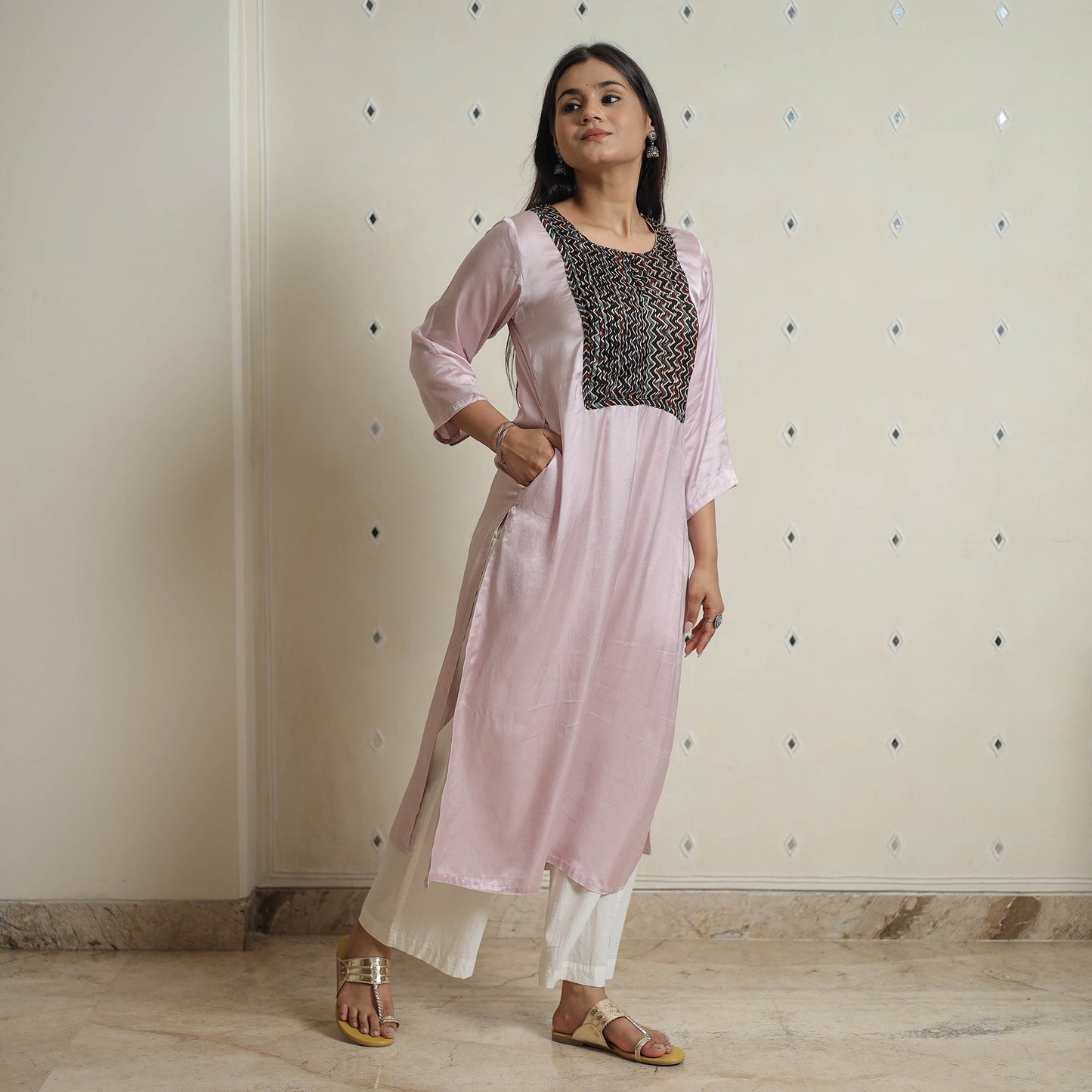 Buy Plain Modal Silk Straight Kurta with Ajrakh Pintuck Patchwork 01 Online at iTokri.com