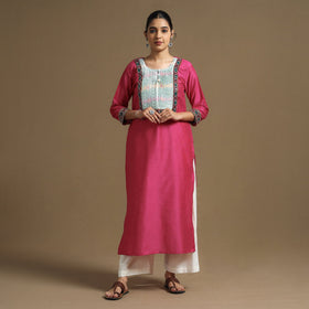 Buy Plain Slub Silk Pintuck Kurta with Ikat Patchwork Online at iTokri.com