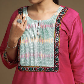 Buy Plain Slub Silk Pintuck Kurta with Ikat Patchwork Online at iTokri.com