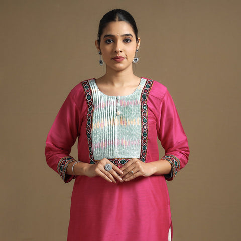 Buy Plain Slub Silk Pintuck Kurta with Ikat Patchwork Online at iTokri.com