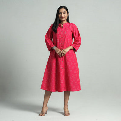 Pink - pochampally double ikat cotton flared dress
