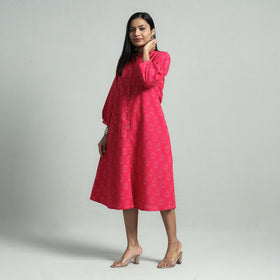Pink - pochampally double ikat cotton flared dress
