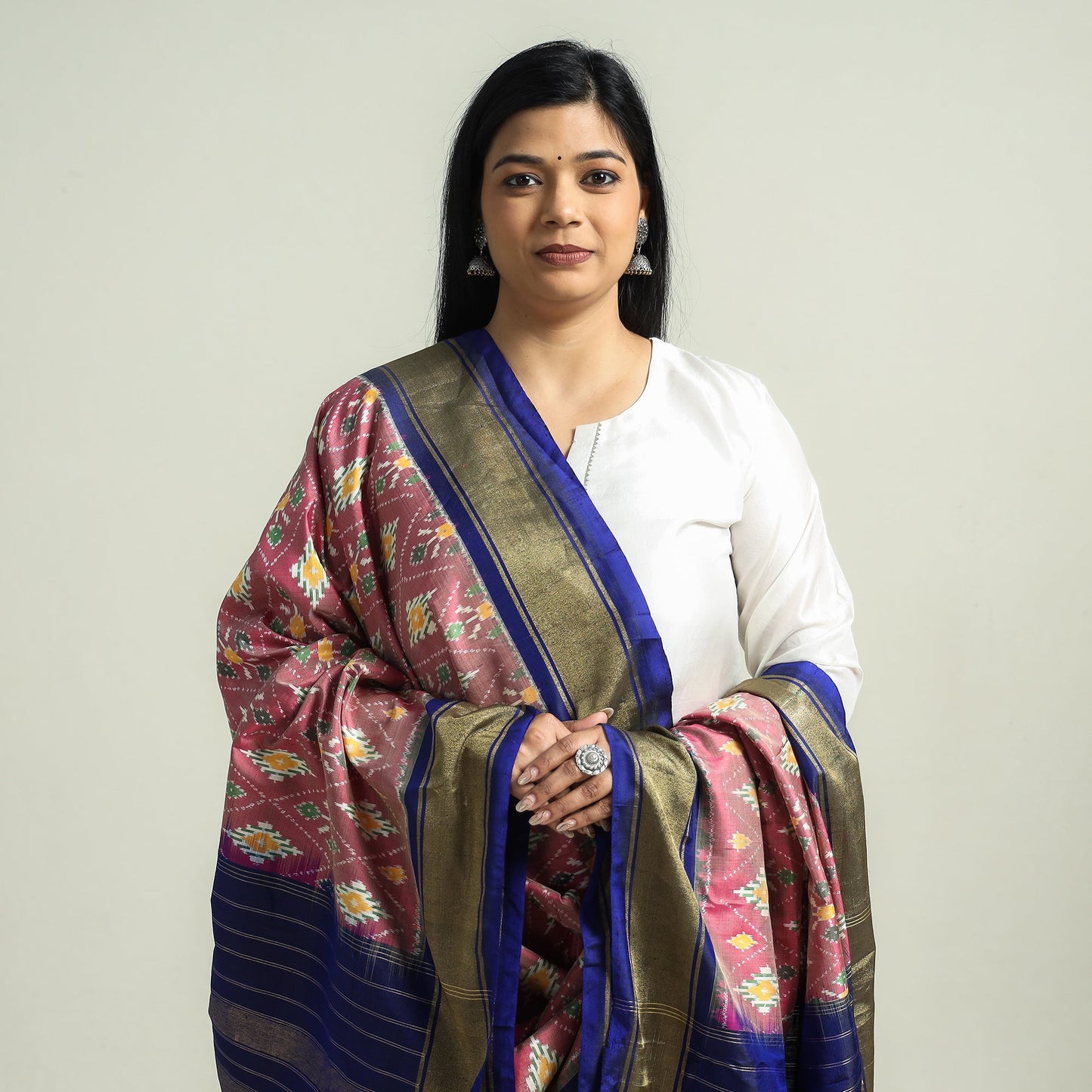  Pochampally Double Ikat Handloom Pure Silk Dupatta with Zari Border 
