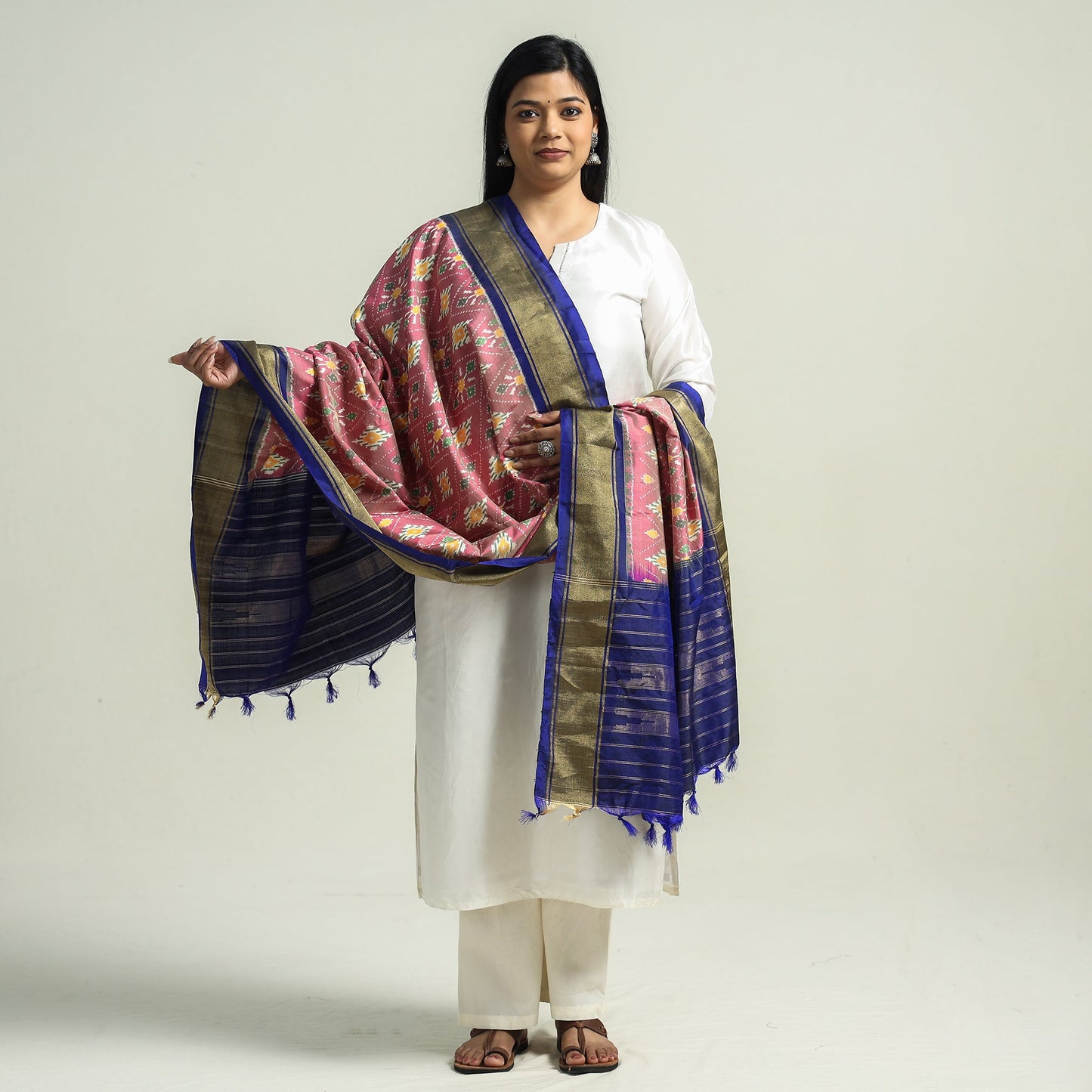  Pochampally Double Ikat Handloom Pure Silk Dupatta with Zari Border 