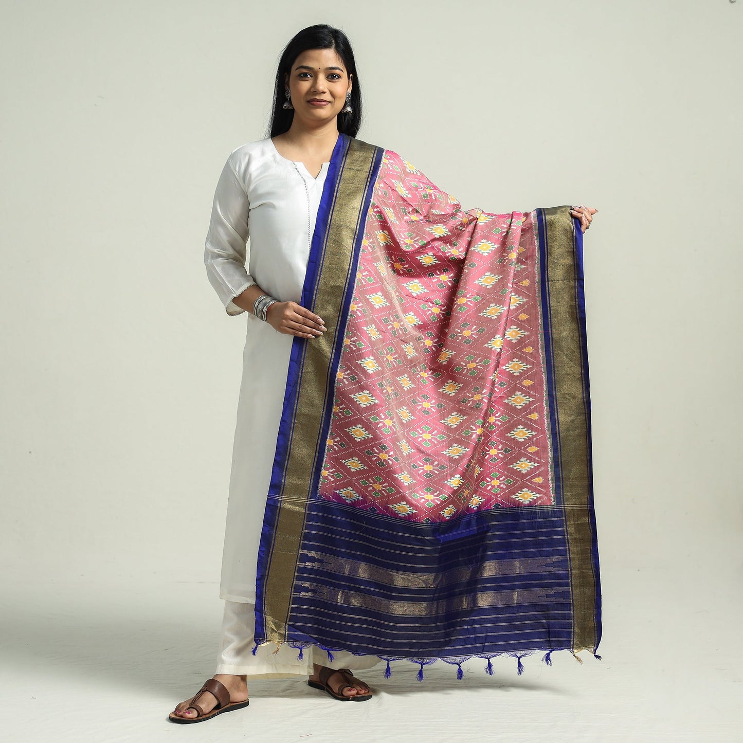  Pochampally Double Ikat Handloom Pure Silk Dupatta with Zari Border 