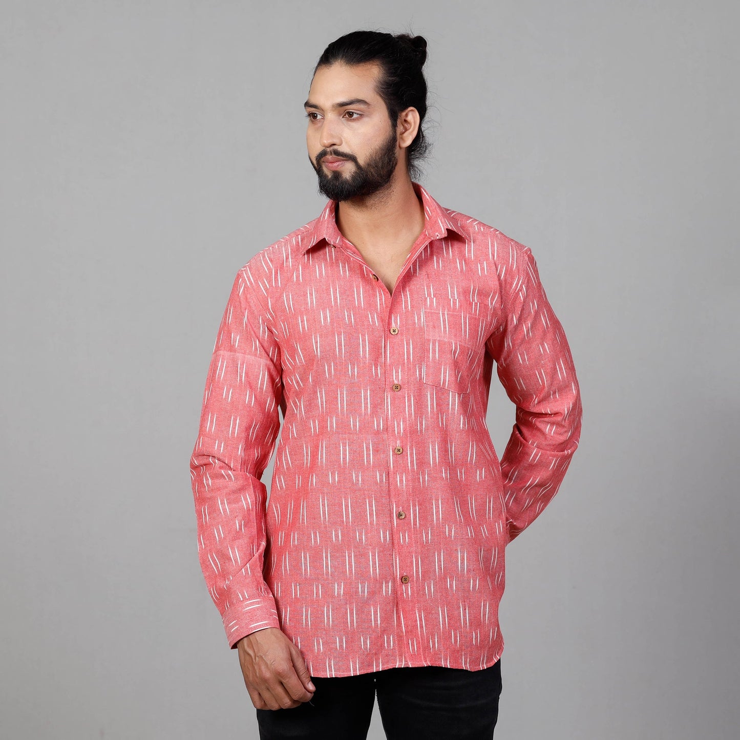 Pink - Pochampally Ikat Cotton Men Full Sleeve Shirt