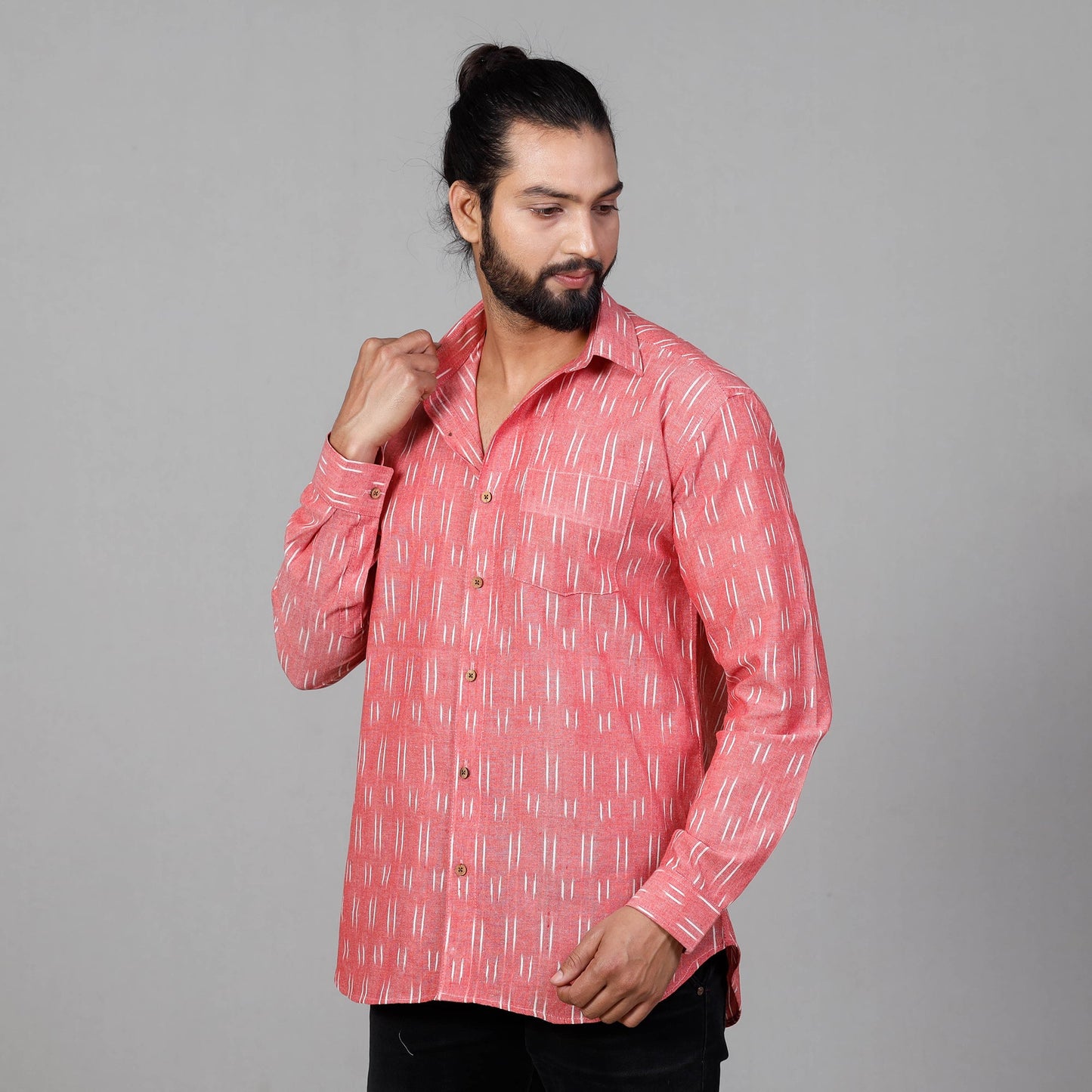Pink - Pochampally Ikat Cotton Men Full Sleeve Shirt