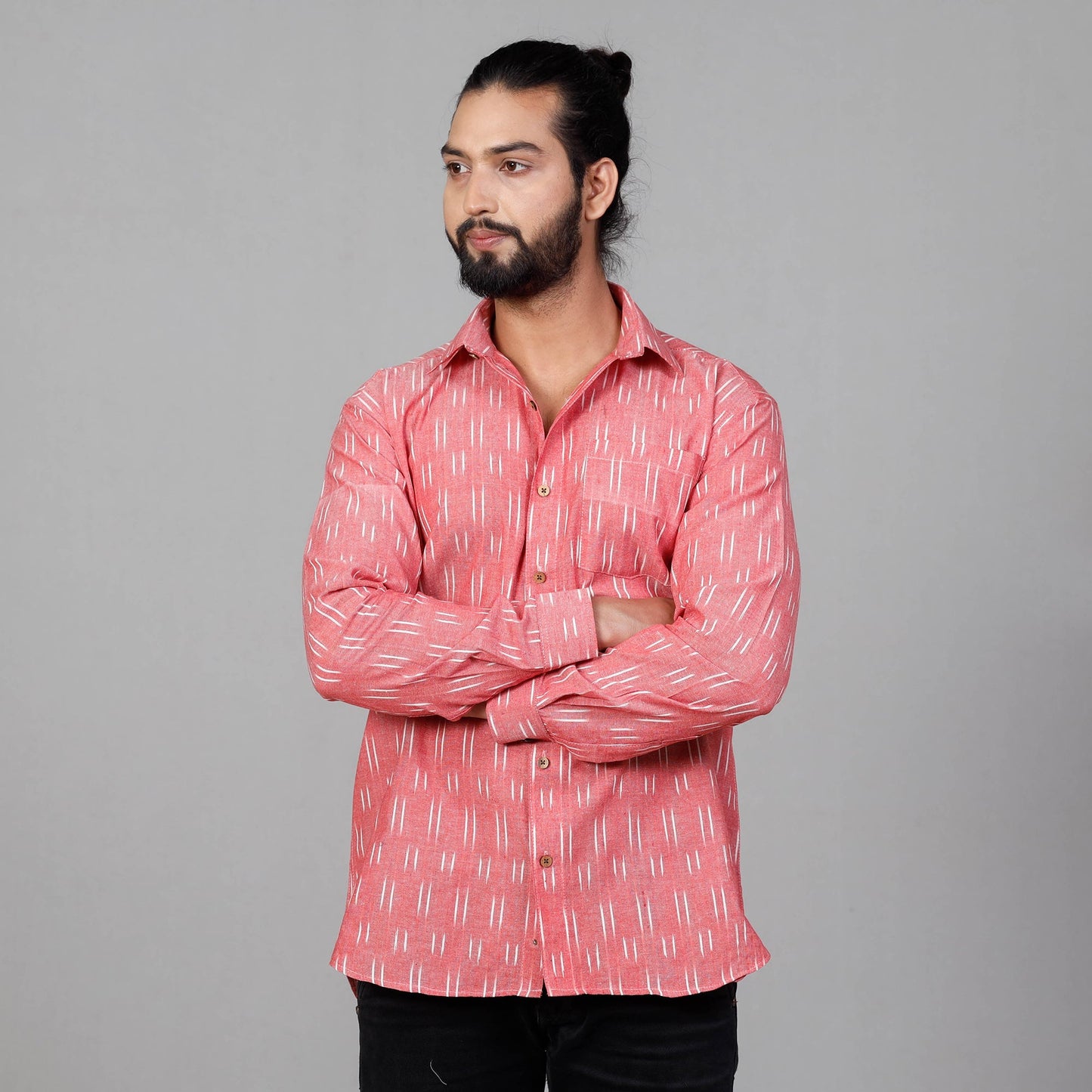 Pink - Pochampally Ikat Cotton Men Full Sleeve Shirt