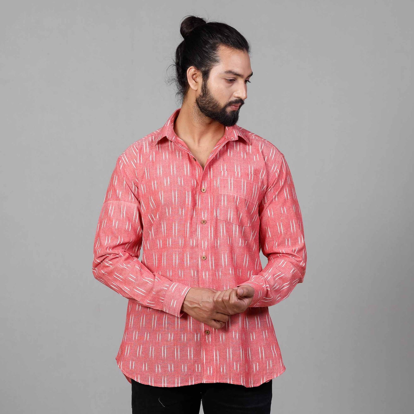 Pink - Pochampally Ikat Cotton Men Full Sleeve Shirt