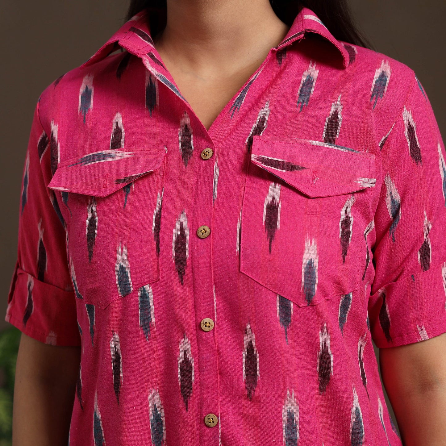 Pink Pochampally Ikat Cotton Shirt Midi Dress for Women