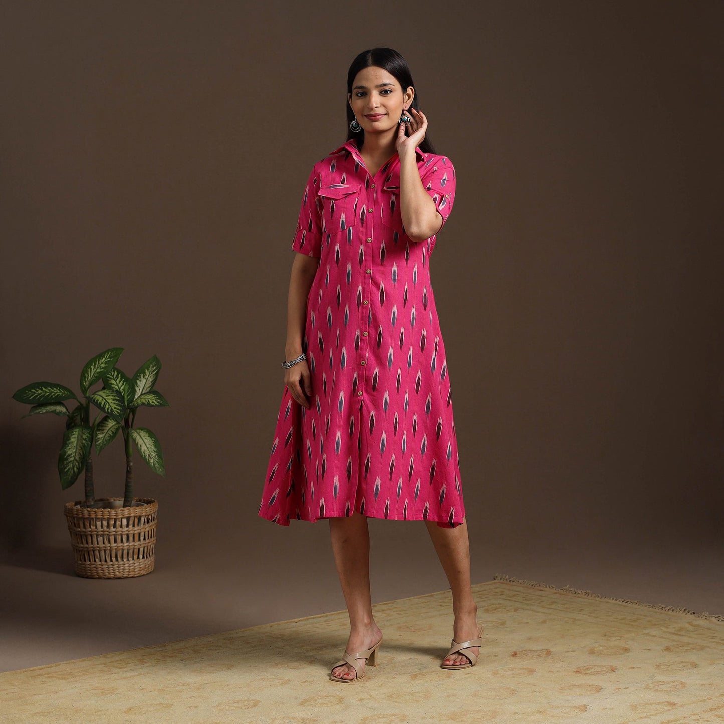 Pink Pochampally Ikat Cotton Shirt Midi Dress for Women