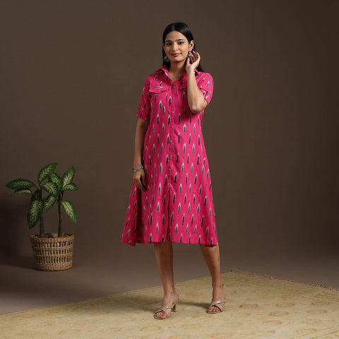 Pink Pochampally Ikat Cotton Shirt Midi Dress for Women