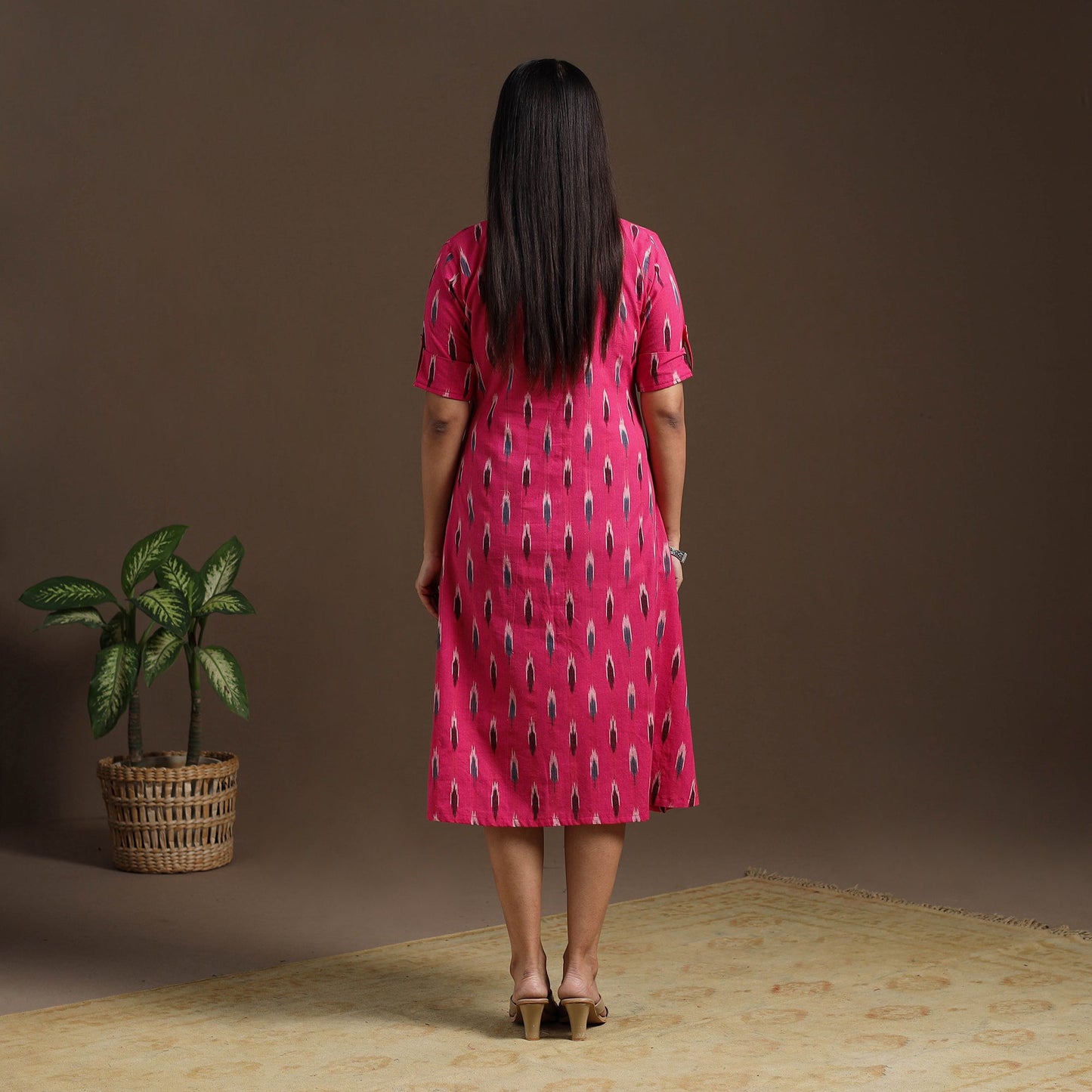 Pink Pochampally Ikat Cotton Shirt Midi Dress for Women