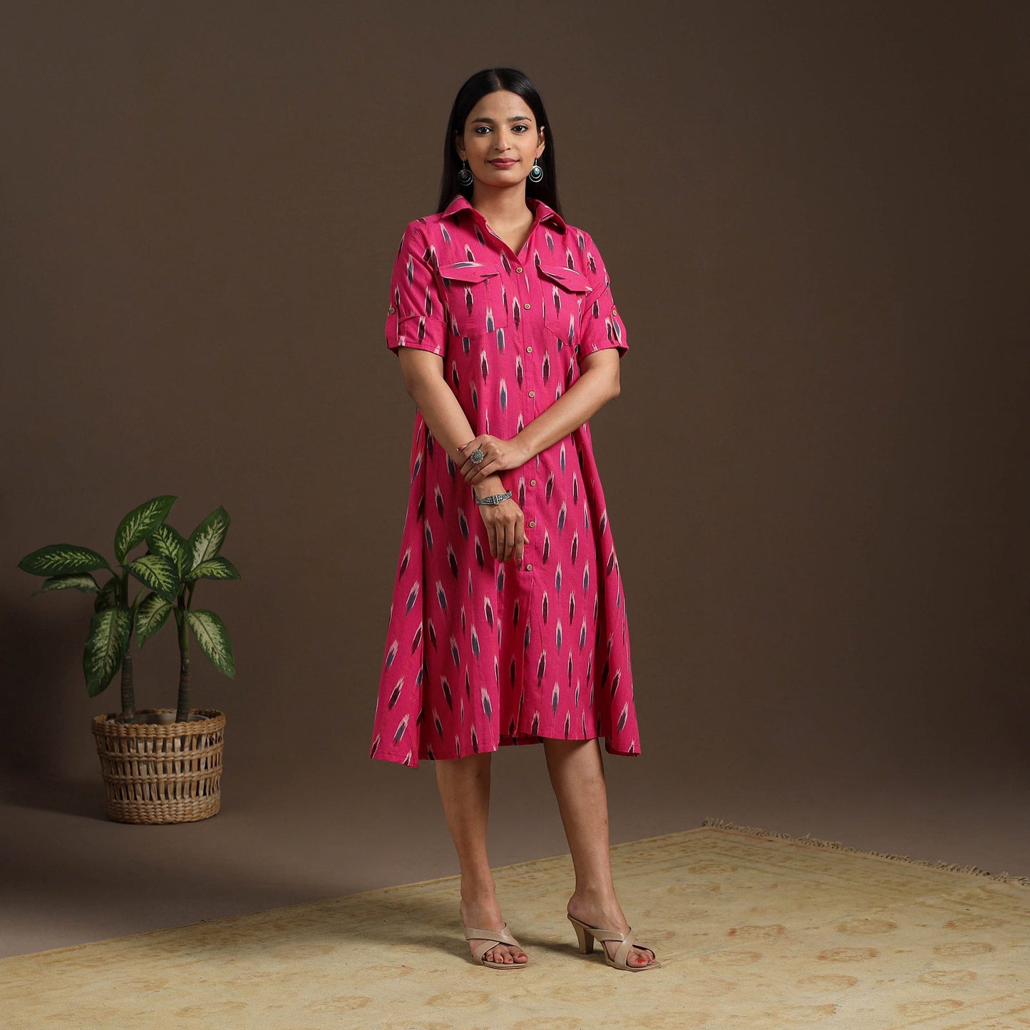 Pink Pochampally Ikat Cotton Shirt Midi Dress for Women