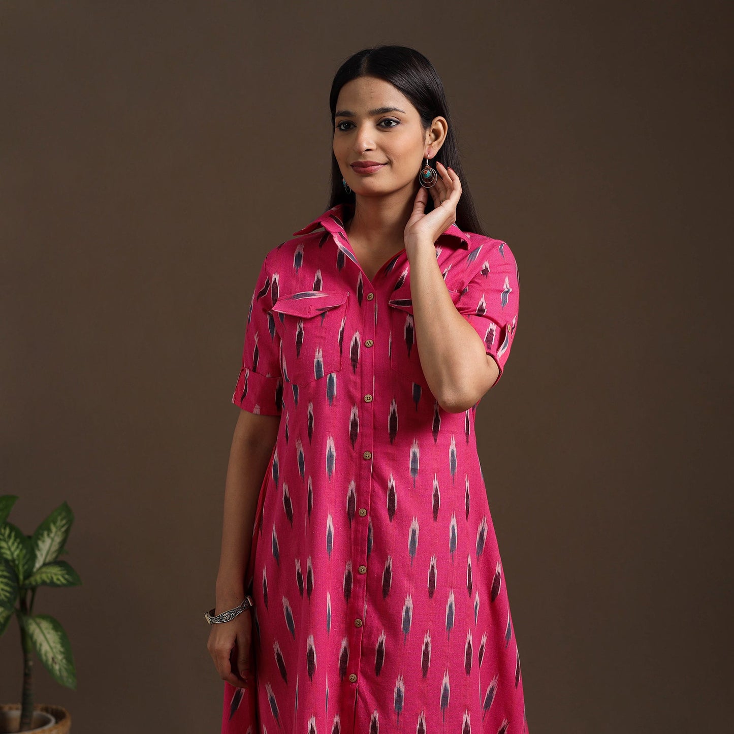 Pink Pochampally Ikat Cotton Shirt Midi Dress for Women