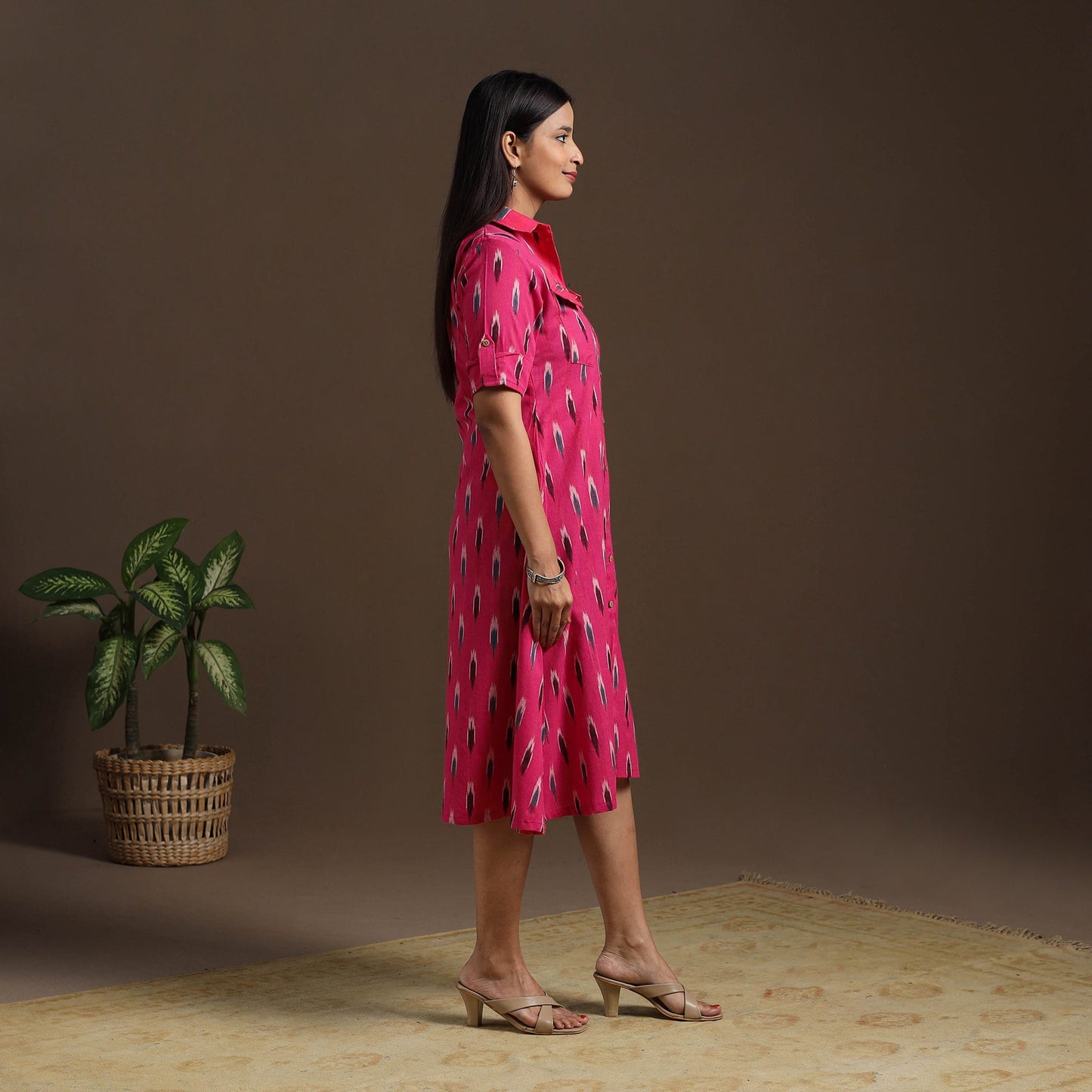 Pink Pochampally Ikat Cotton Shirt Midi Dress for Women