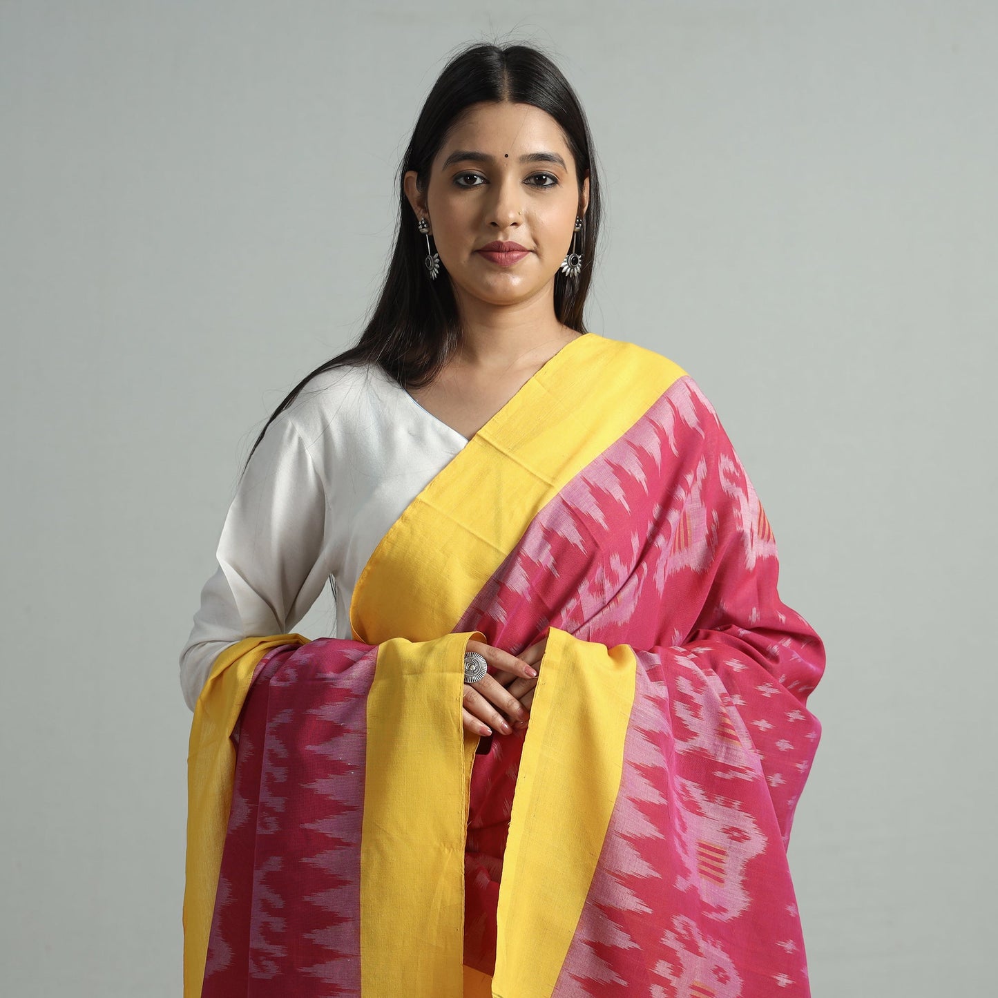 Pink - pochampally ikat handloom cotton dupatta