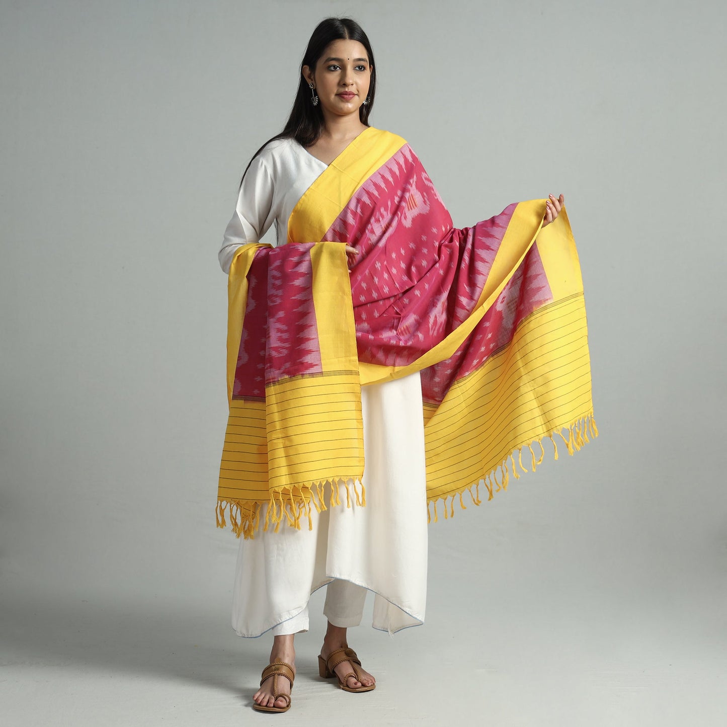 Pink - pochampally ikat handloom cotton dupatta