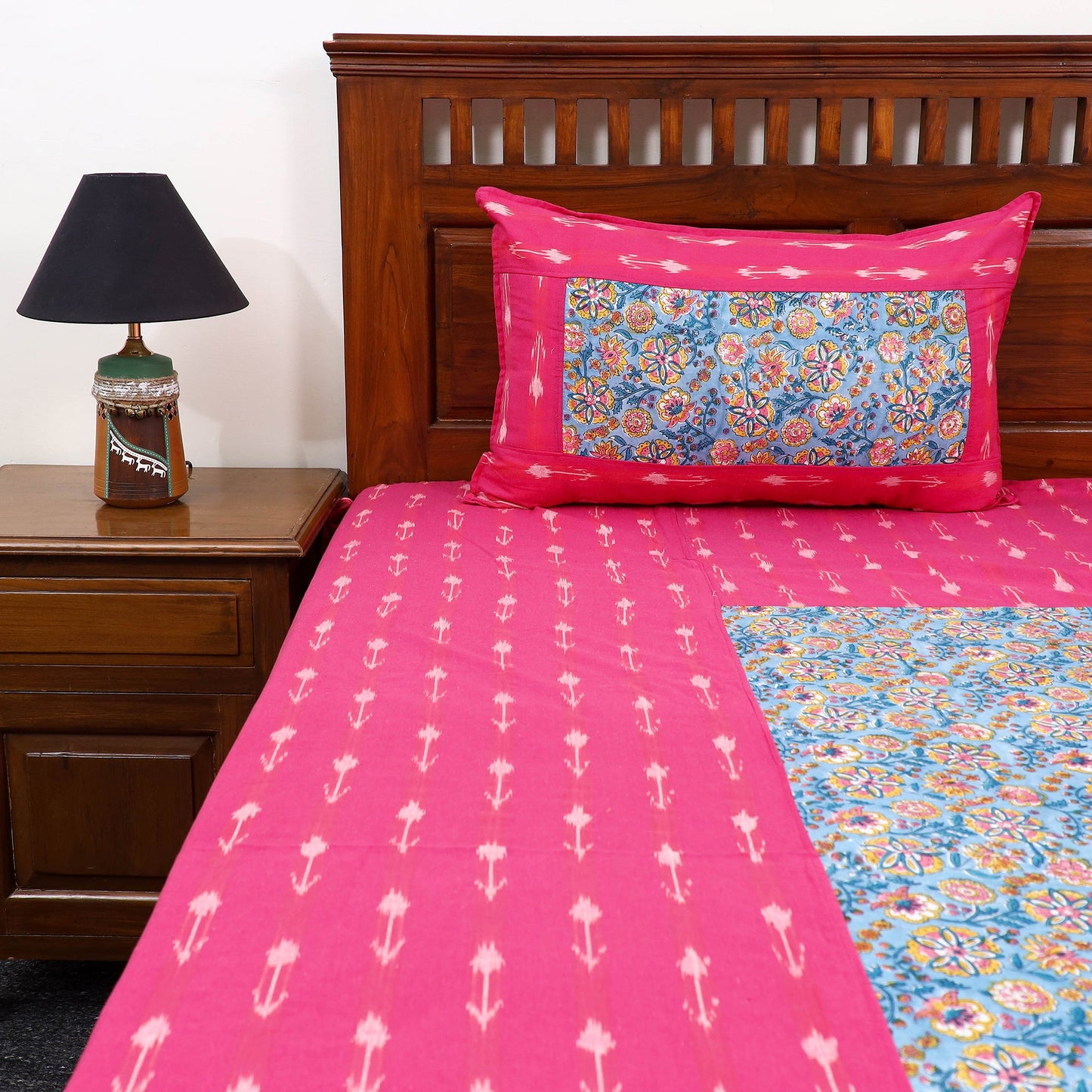 Pochampally Ikat with Sanganeri Patch Cotton Bedsheet Set