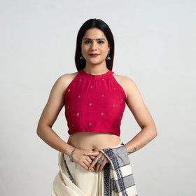 Pink - polka dot zari buti silk stitched plain blouse 11