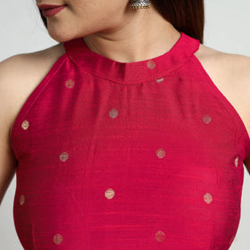 Pink - polka dot zari buti silk stitched plain blouse 11