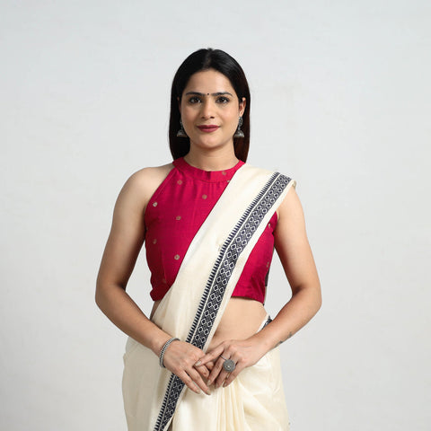 Pink - polka dot zari buti silk stitched plain blouse 11