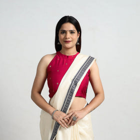 Pink - polka dot zari buti silk stitched plain blouse 11
