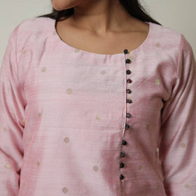 Pink - polka zari butta spun dupion silk straight plain