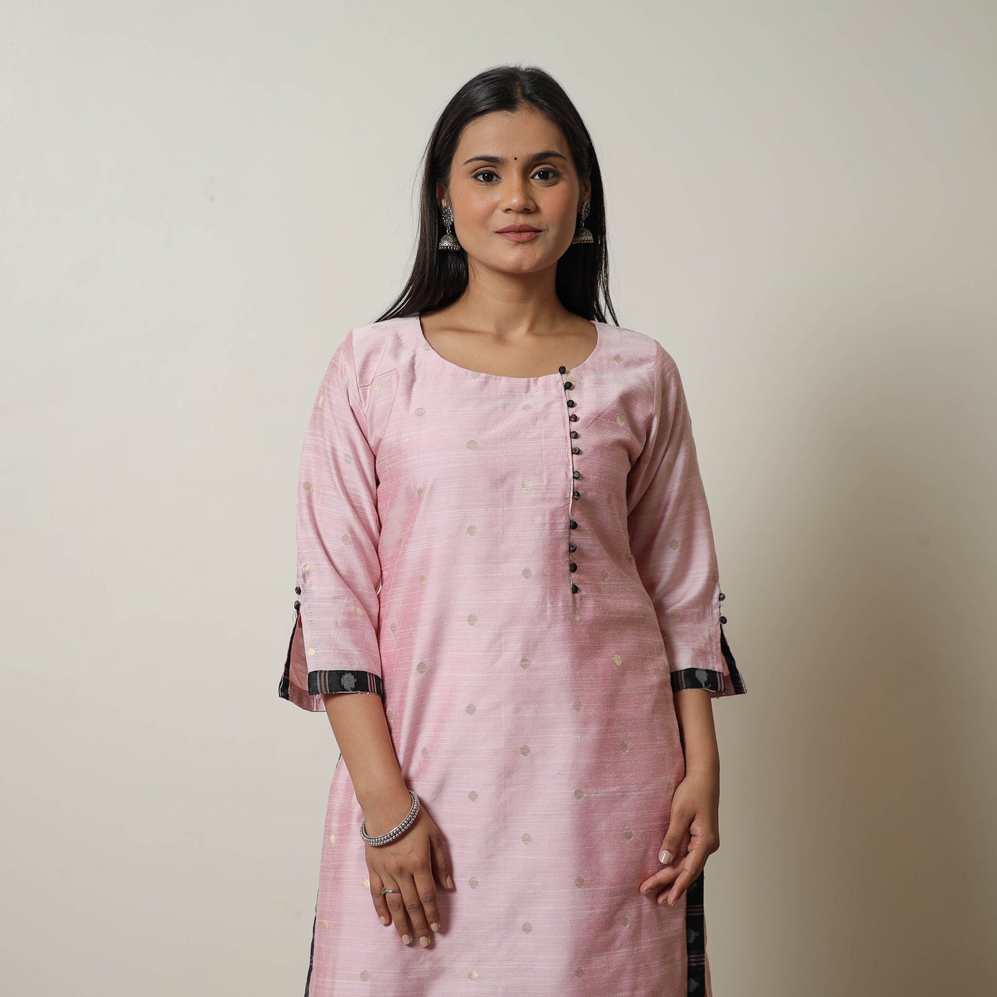 Pink - polka zari butta spun dupion silk straight plain