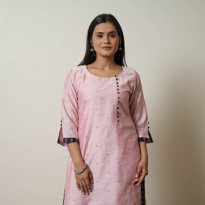 Pink - polka zari butta spun dupion silk straight plain