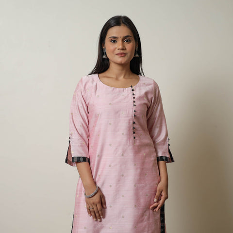 Pink - polka zari butta spun dupion silk straight plain