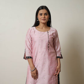 Pink - polka zari butta spun dupion silk straight plain