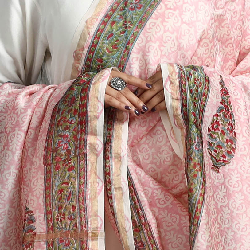 Buy Pink Block Printed Chanderi Silk Sanganeri Dupatta