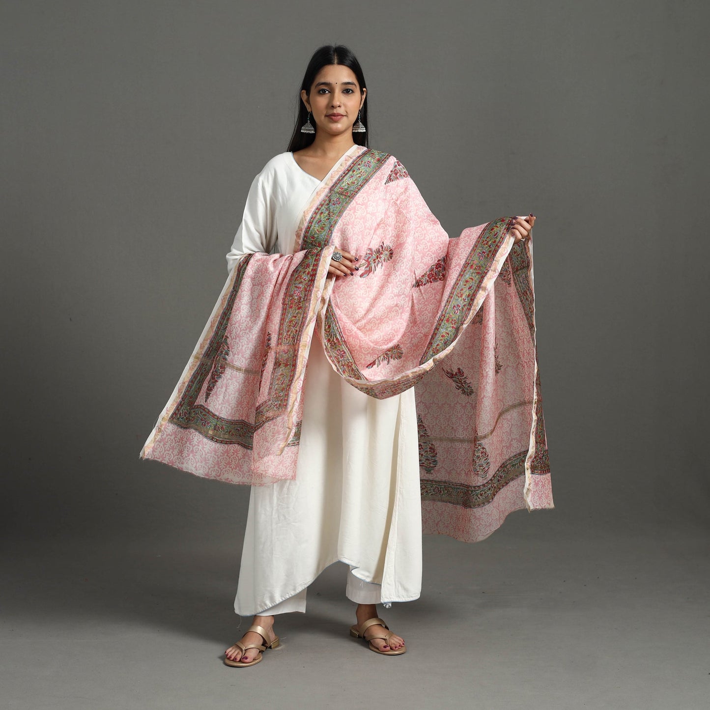 Buy Pink Block Printed Chanderi Silk Sanganeri Dupatta