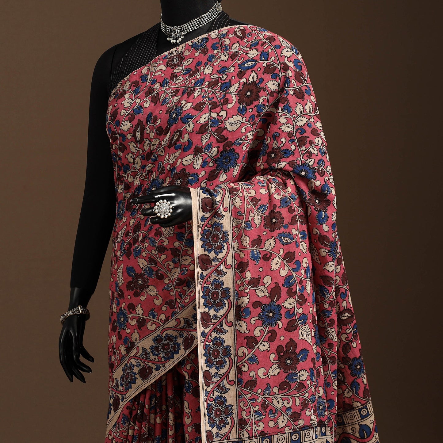 Pink - printed cotton kalamkari saree 04 - handcrafted