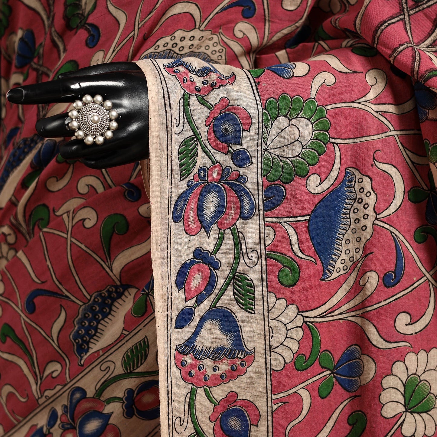 Pink - printed cotton kalamkari saree 05 - handcrafted