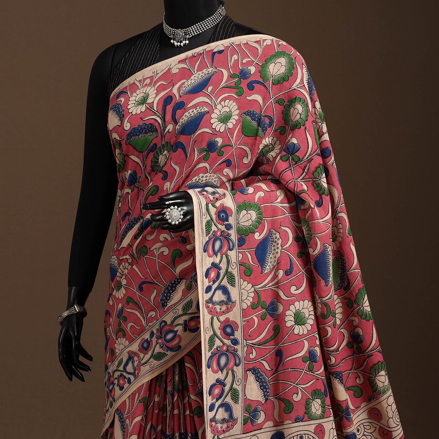 Pink - printed cotton kalamkari saree 05 - handcrafted