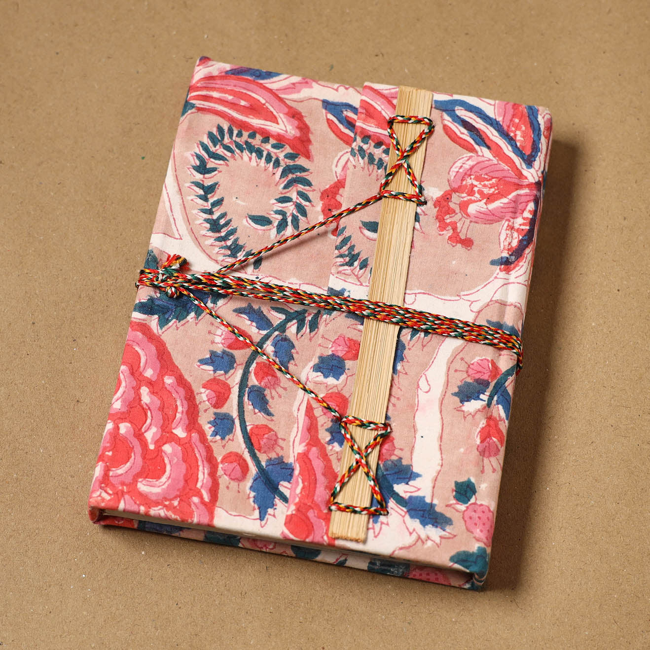 Printed fabric cover handmade paper notebook with thread