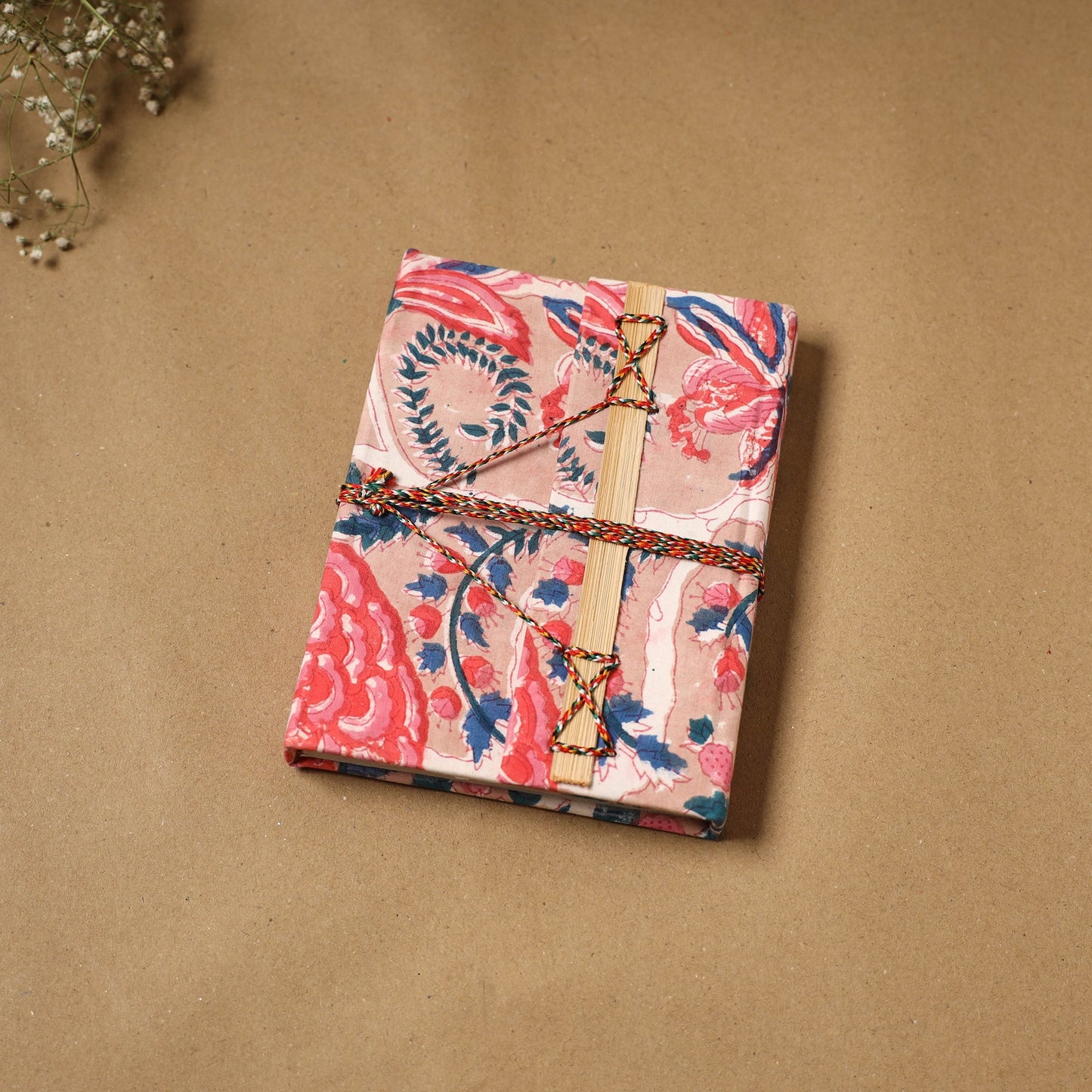 Printed fabric cover handmade paper notebook with thread