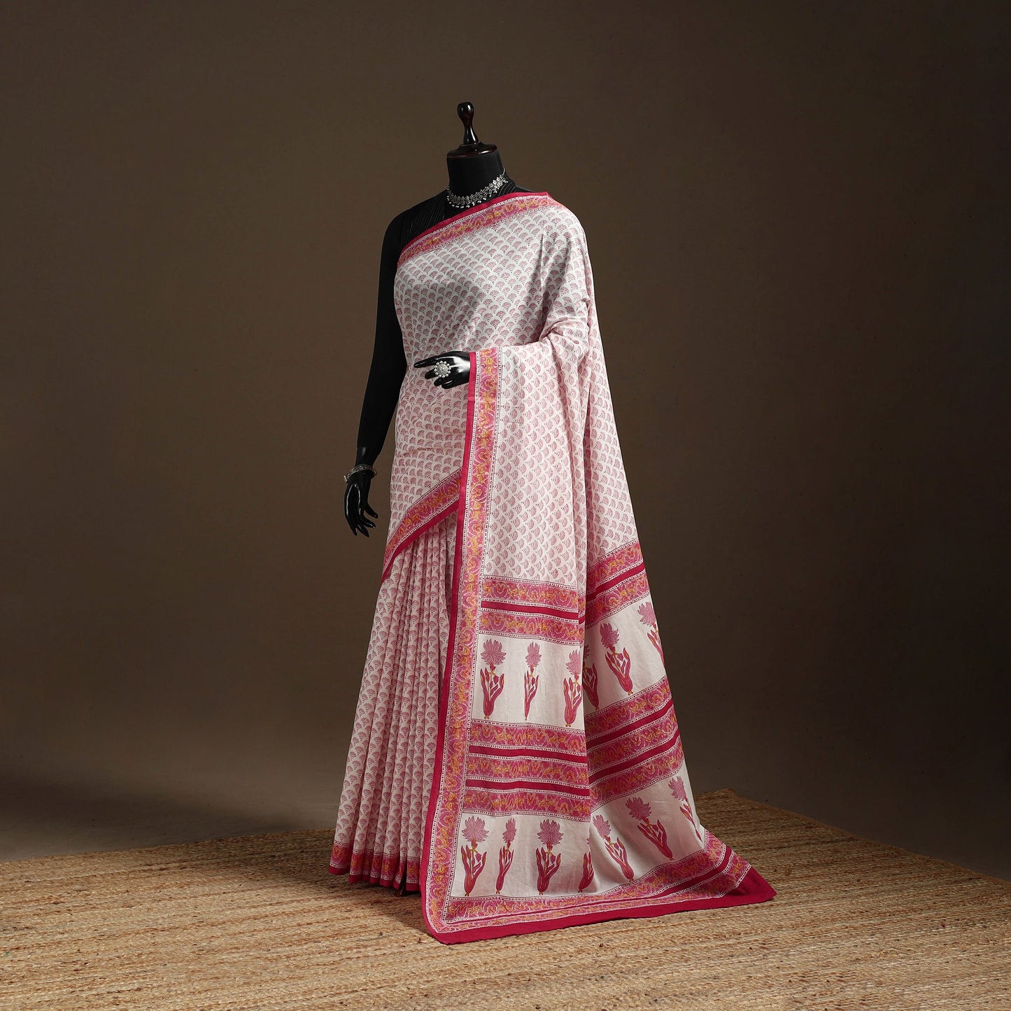Pink - printed mul cotton sanganeri saree - handcrafted